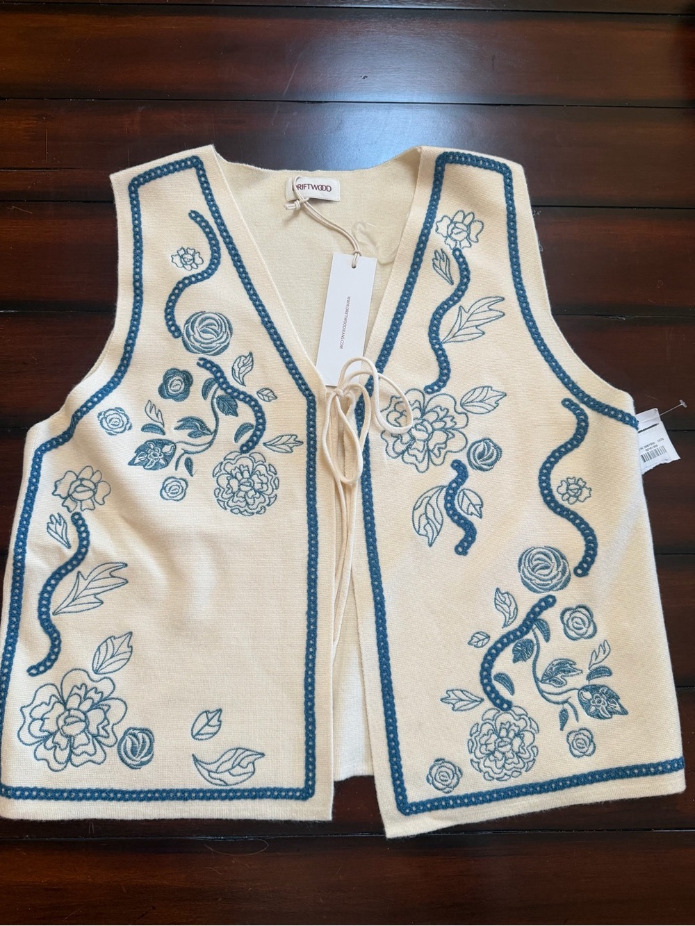 DRIFTWOOD Cream Knit Vest with Blue Floral Embroidery